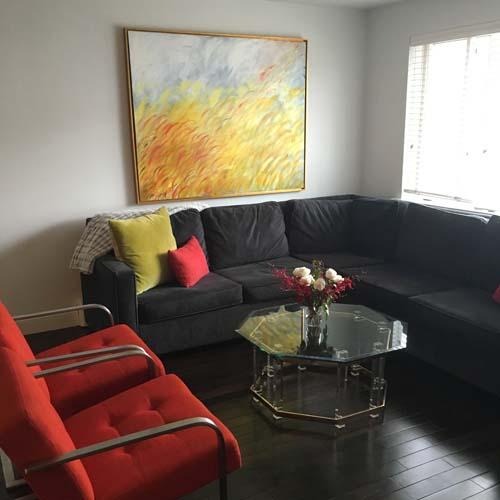 "Feather Orange-Red Yellow Abstract" Oil on Canvas Painting  
Brooklyn Living Room  : Installations : Susan Braha Photography and Fine Art